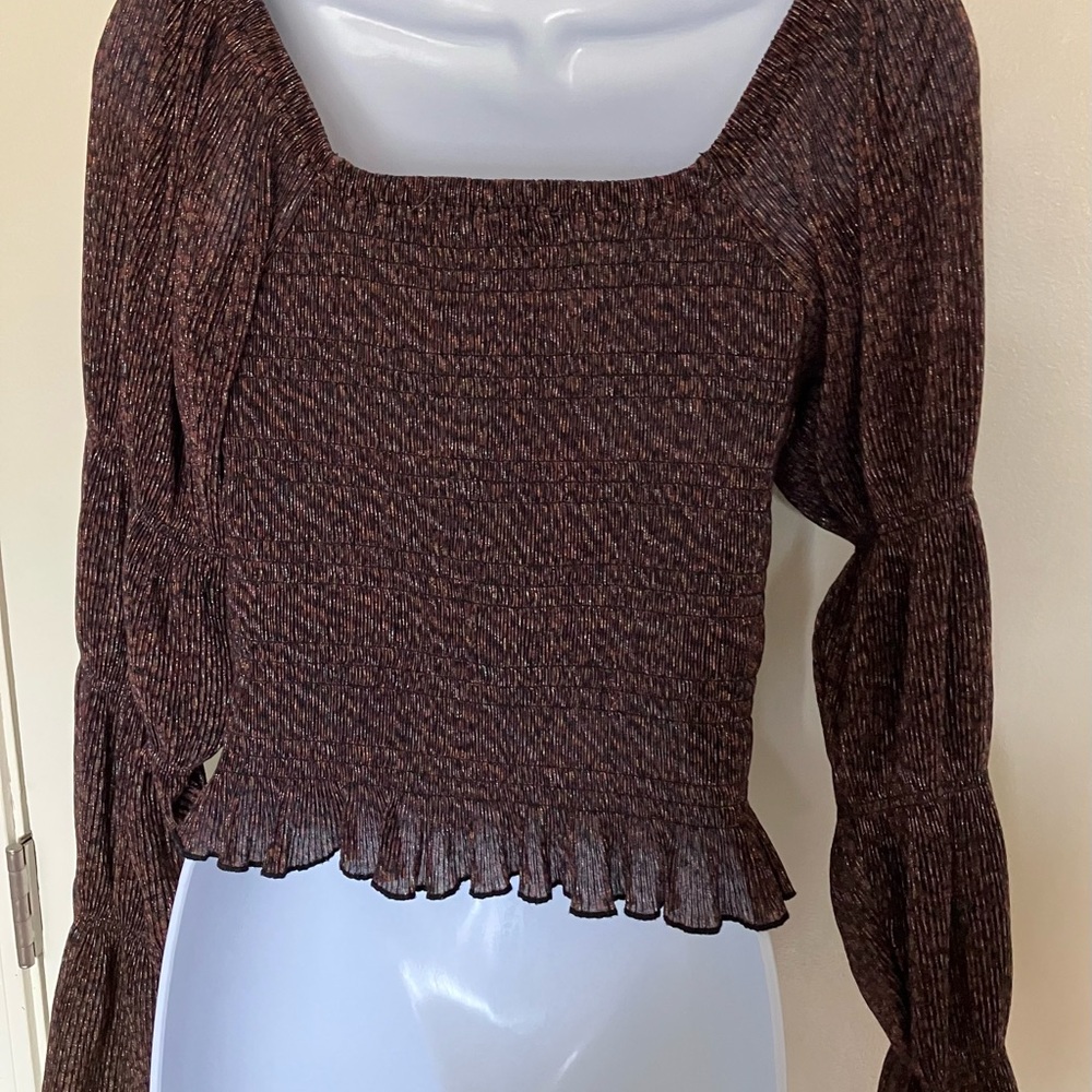 Anthropologie Brown Metallic Smocked Puff Sleeved Juliet Top Medium - Picture 5 of 7